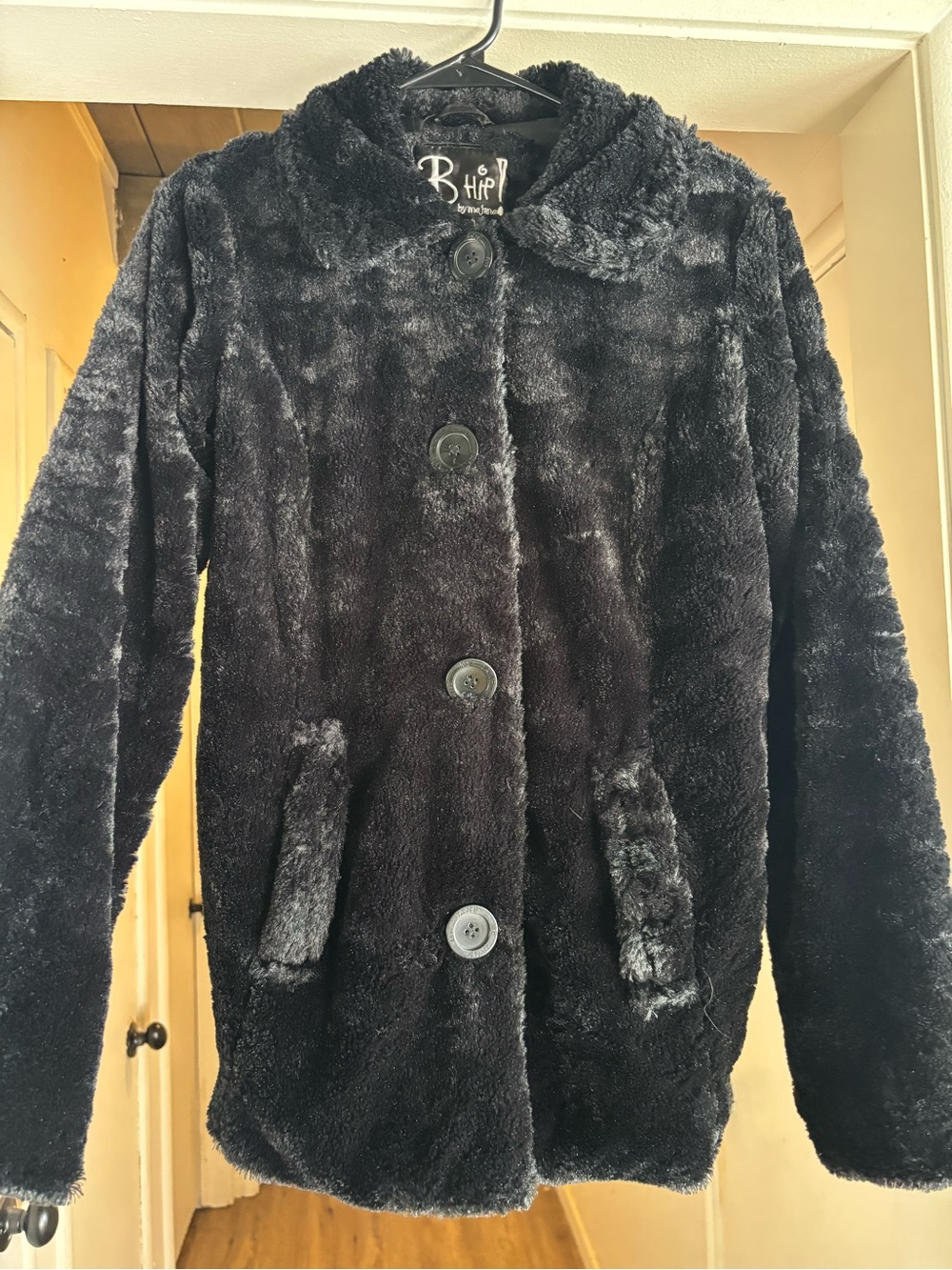 Plush Faux-Fur Black Button-Up Coat
